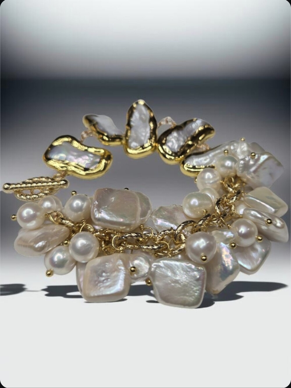 18k Gold Plated Chunky Baroque Freshwater Pearls Toggle Bracelet
